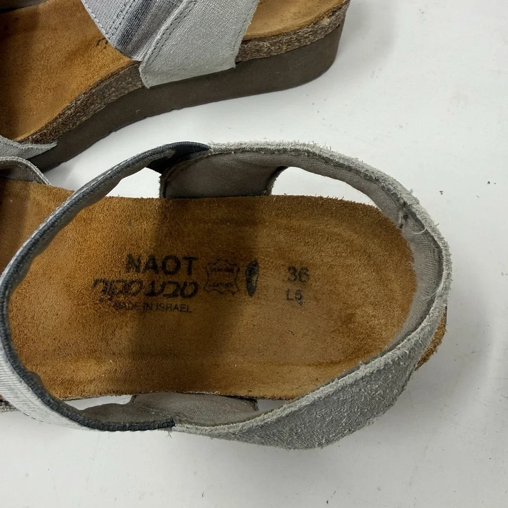 NAOT Platform Wedge Sandals Silver Metallic Strappy Slingback Womens 36 L5